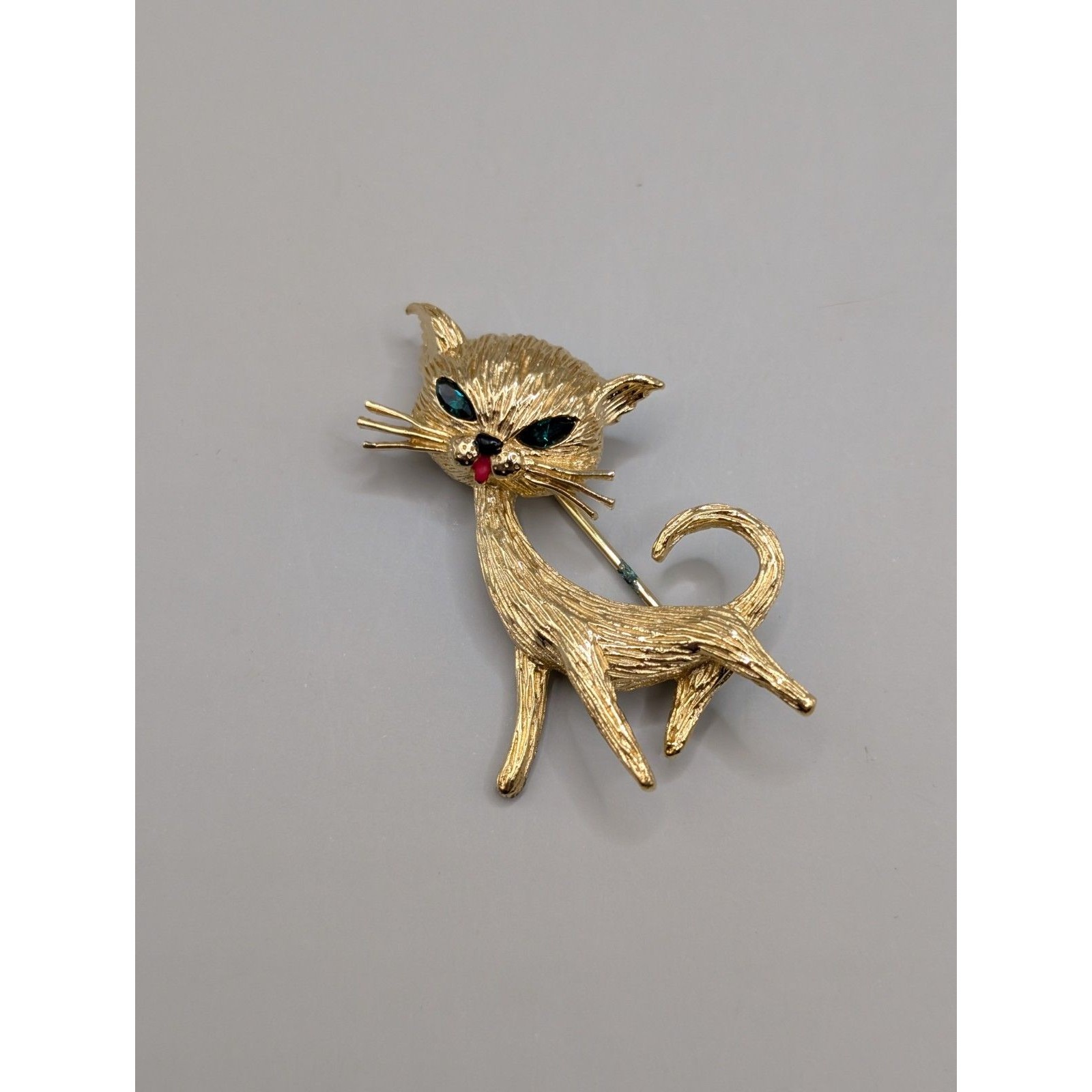 Vtg Panetta Cat Brooch Pin Prancing Goldtone Green Glass Eyes 2” Tall Nice